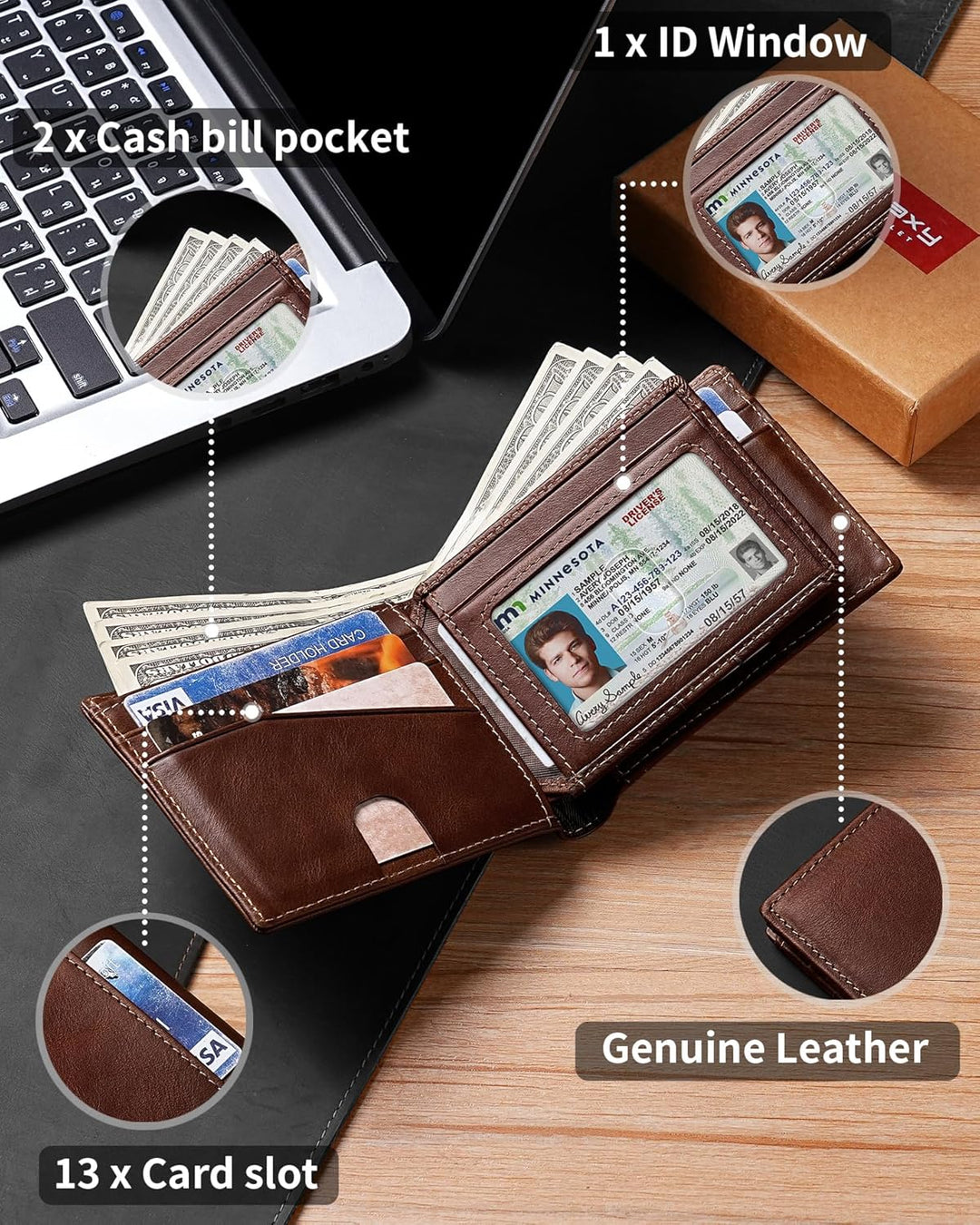 Artpaxy Billetera Bifold plegable para hombre de cuero genuino con...