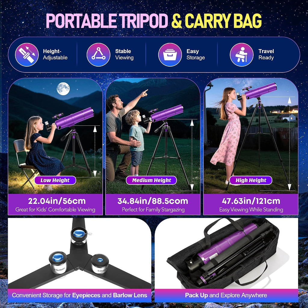 Telescopio para Adultos y Niños, Abertura de 90 mm y 600 mm de Refractor para Principiantes de Astronomía, Telescopio portátil de viaje con Trípode, Adaptador para teléfono, Filtro lunar, Bolsa de transporte y Guía de fases de la Luna