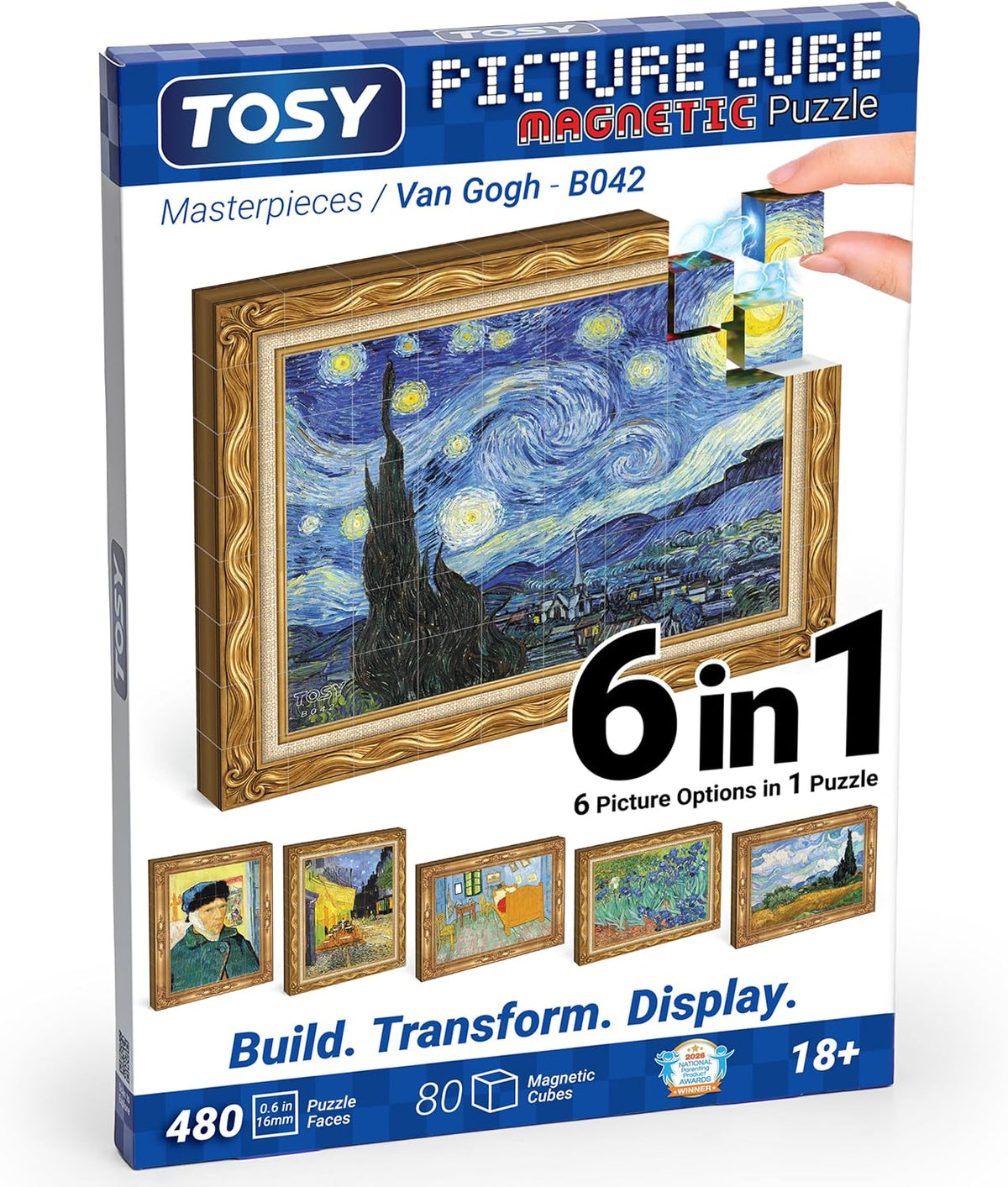 TOSY Cubo de imágenes Van Gogh: rompecabezas magnético 6 en 1, 80 bloques, 480 caras de rompecabezas, 0.6 pulgadas, B042, arte UV sin costuras, marco listo para exhibición, coleccionable, regalo STEM