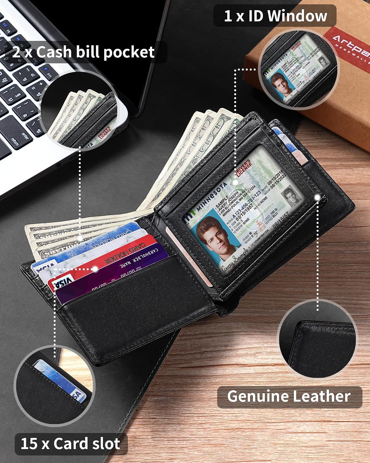 Artpaxy Billetera plegable para hombre con bloqueo RFID de cuero genuino, Negro, Casual