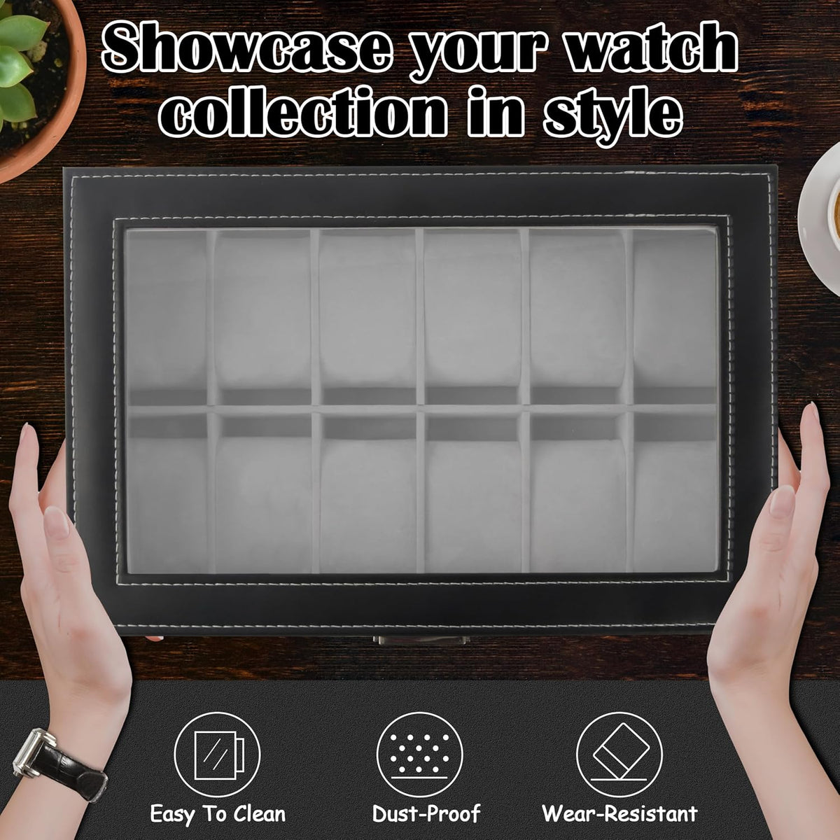 Ogrmar Cajas de almacenamiento de relojes con 12 ranuras de cuero PU con cerradura, cajón de exhibición de joyería para hombres y mujeres, organizador de 2 niveles con vitrina de reloj y tapa de