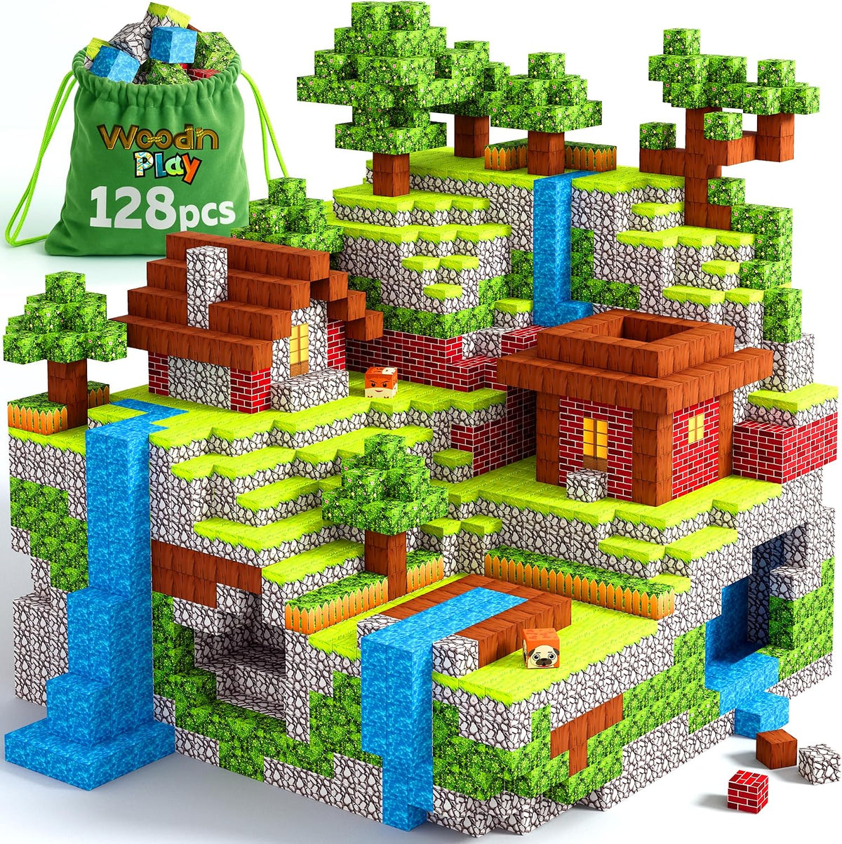 Wood'n play - Bloques magnéticos cubos de 128 piezas, Madera, 0.98 inch