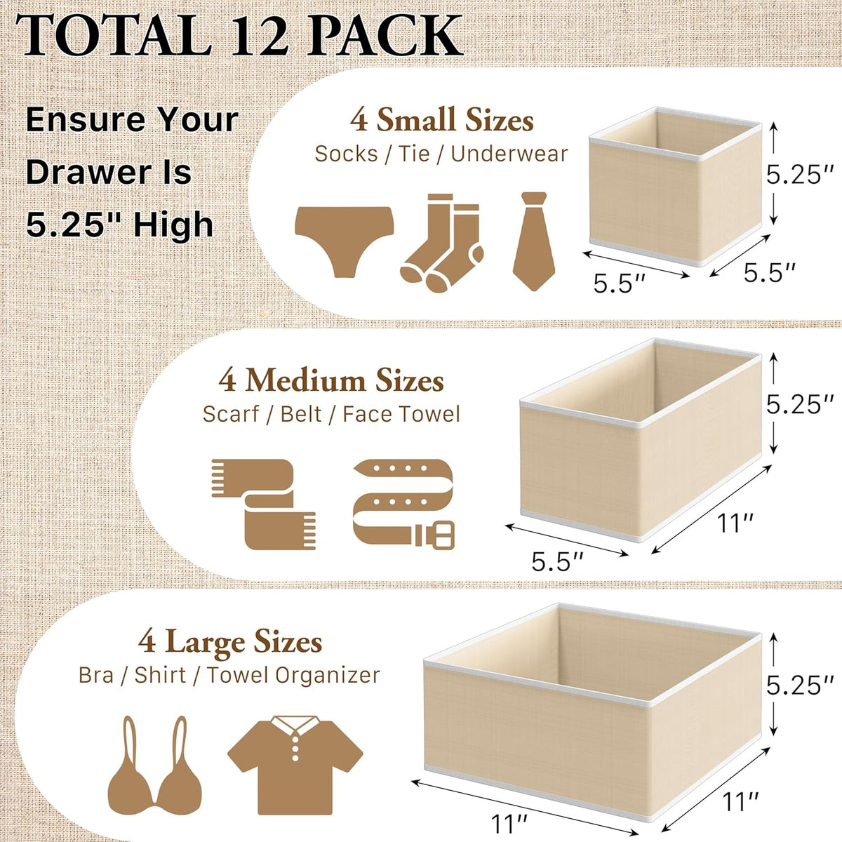 Simple Houseware Organizador de cajones plegables, juego de 12, color beige