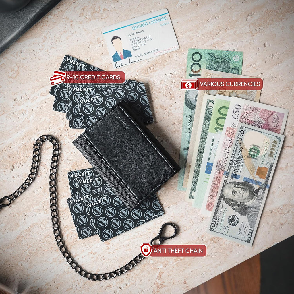 VULKIT Billetera para hombre con cadena antirrobo con bloqueo RFID, billetera triple plegable, diseño elegante, Negro, Cartera antirrobo