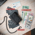 VULKIT Billetera para hombre con cadena antirrobo con bloqueo RFID, billetera triple plegable, diseño elegante, Negro, Cartera antirrobo