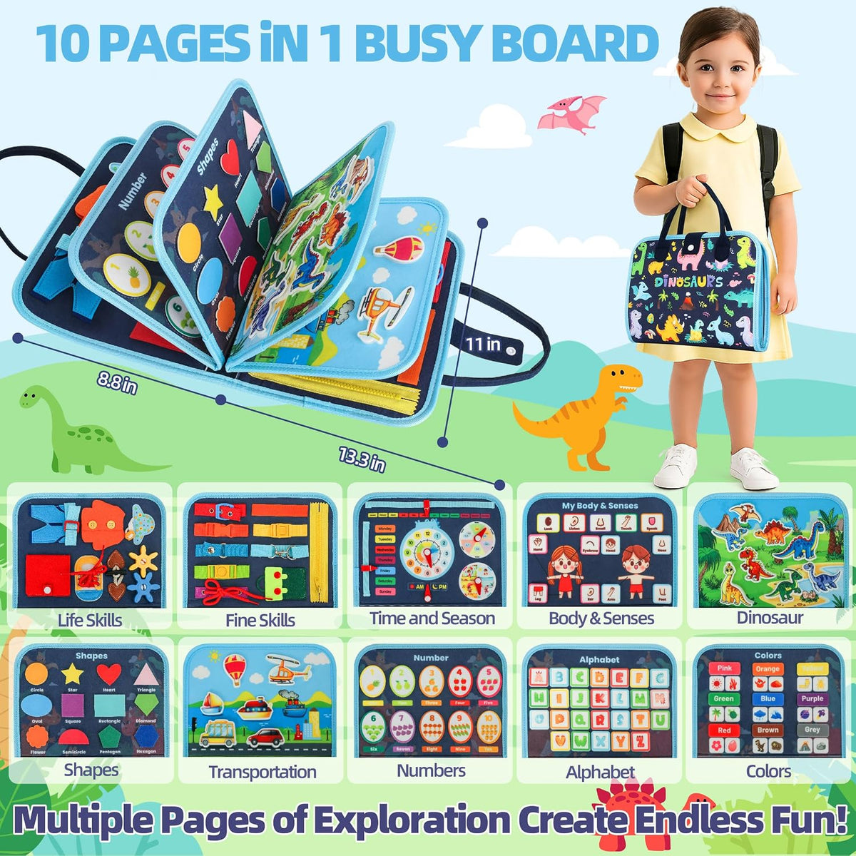 Busy Board Montessori Toys, 10 Pages Felt Activity Book