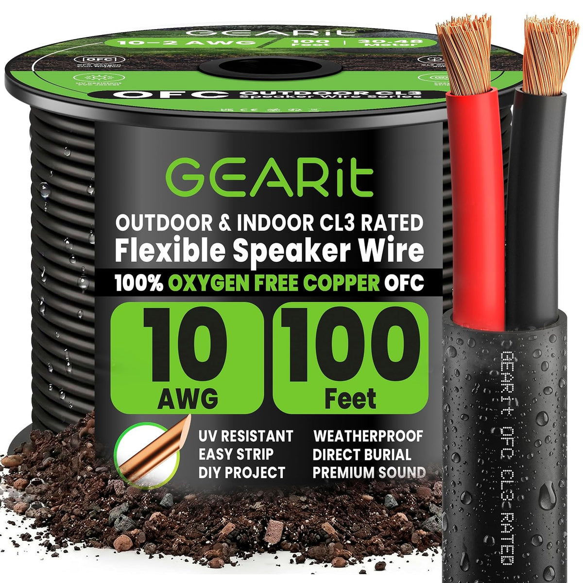 GEARit - Cable de altavoz para exteriores de 100 AWG, 10/2 cable OFC para