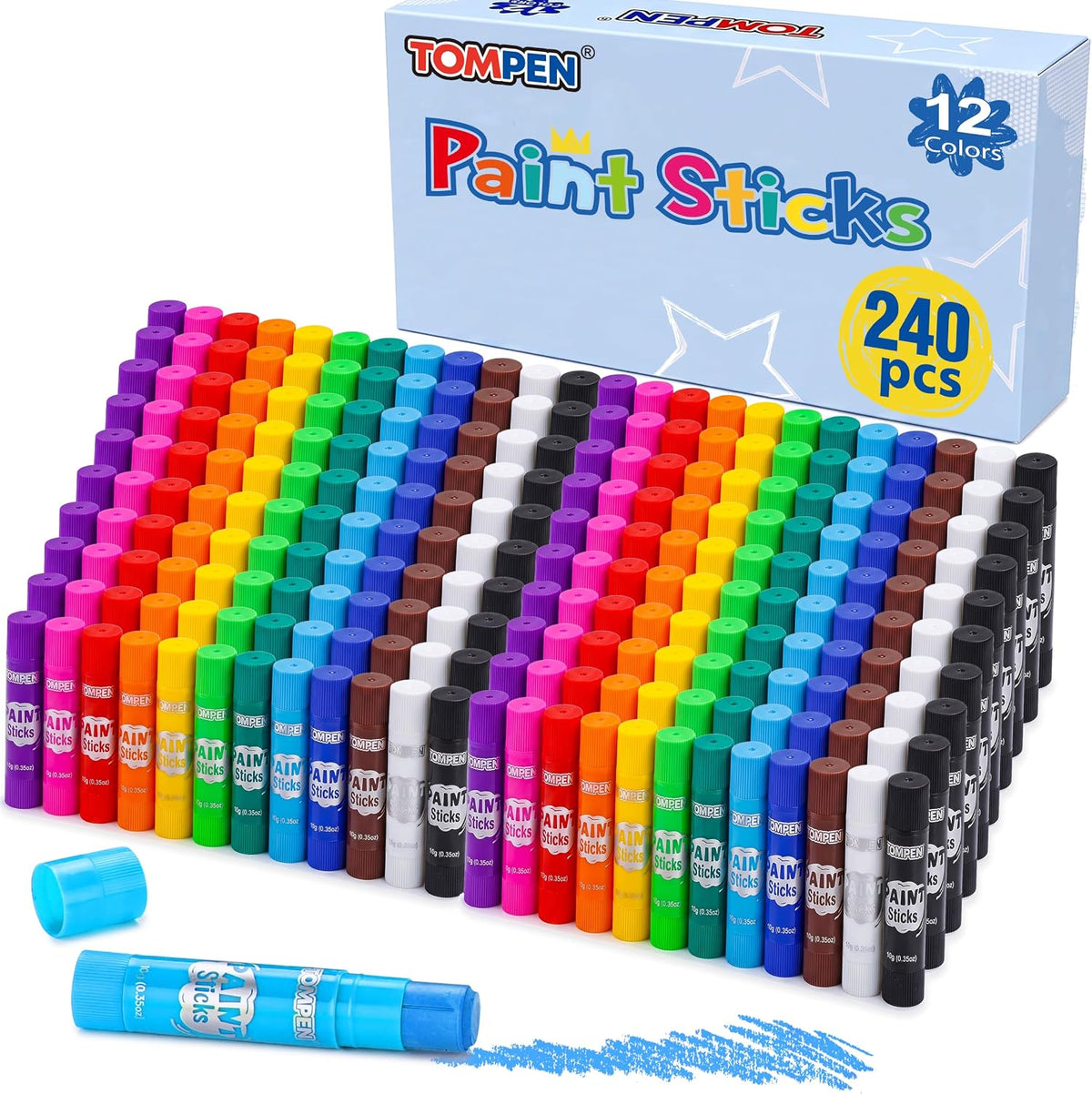 Varillas de pintura al temple para niños y artistas, paquete de 240 unidades, 12 colores vibrantes, no tóxicos, de secado rápido, colores clásicos del arco iris, lápices de pintura sólidos