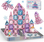 Bloques magnéticos de princesa, castillo de princesa, bloques magnéticos de viaje con caja de metal y 2 muñecas, mini azulejos magnéticos para niñas, juegos de simulación, regalos sensoriales STEM