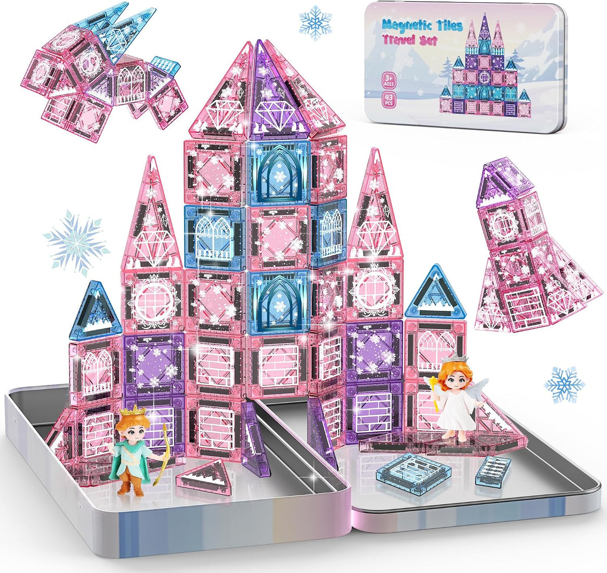 Bloques magnéticos de princesa, castillo de princesa, bloques magnéticos de viaje con caja de metal y 2 muñecas, mini azulejos magnéticos para niñas, juegos de simulación, regalos sensoriales STEM