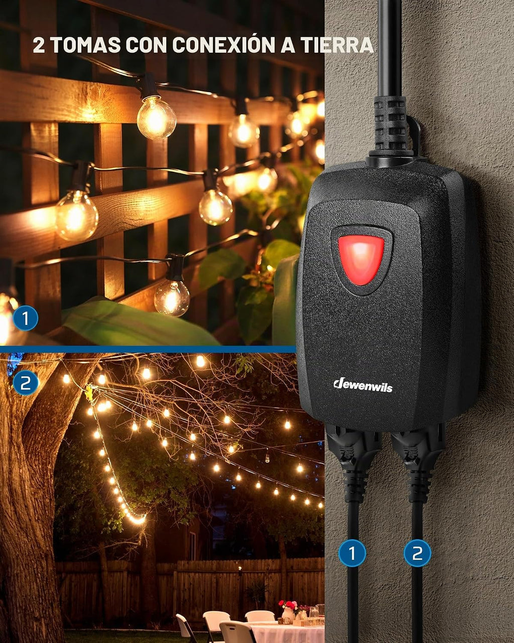 Lámpara DEWENWILS - Enchufe de atenuación remoto para luces de cadena de exteriores, 2 tomas de tierra
