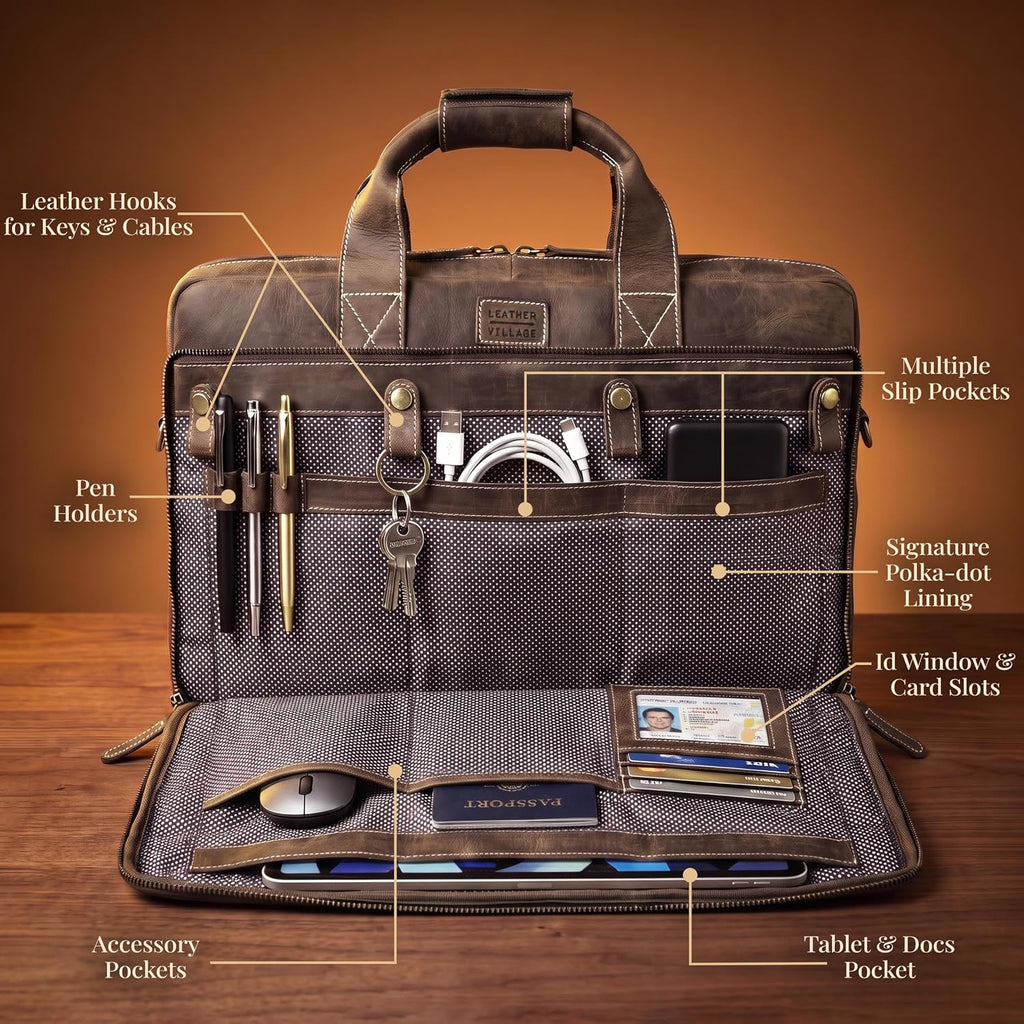 LEATHER VILLAGE - Maletín de cuero genuino para portátil de 16 pulgadas
