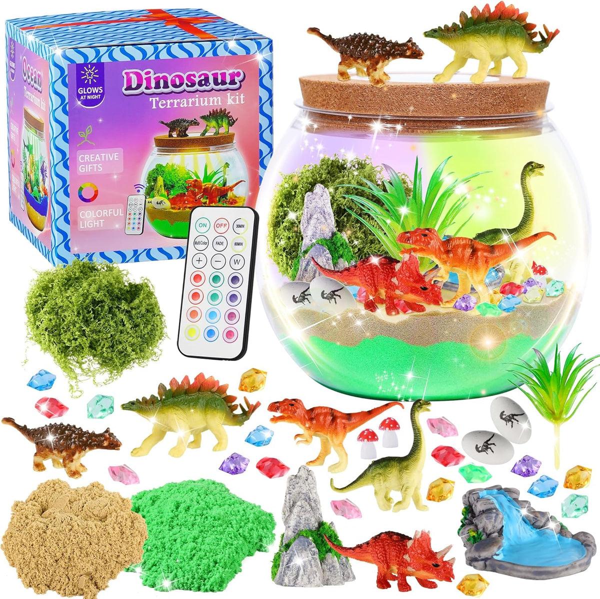 Gifmore Kit de terrario con luz de dinosaurio para niños de 4 a 12 años, juego de juguetes de manualidades de dinosaurios, regalos de cumpleaños para niños