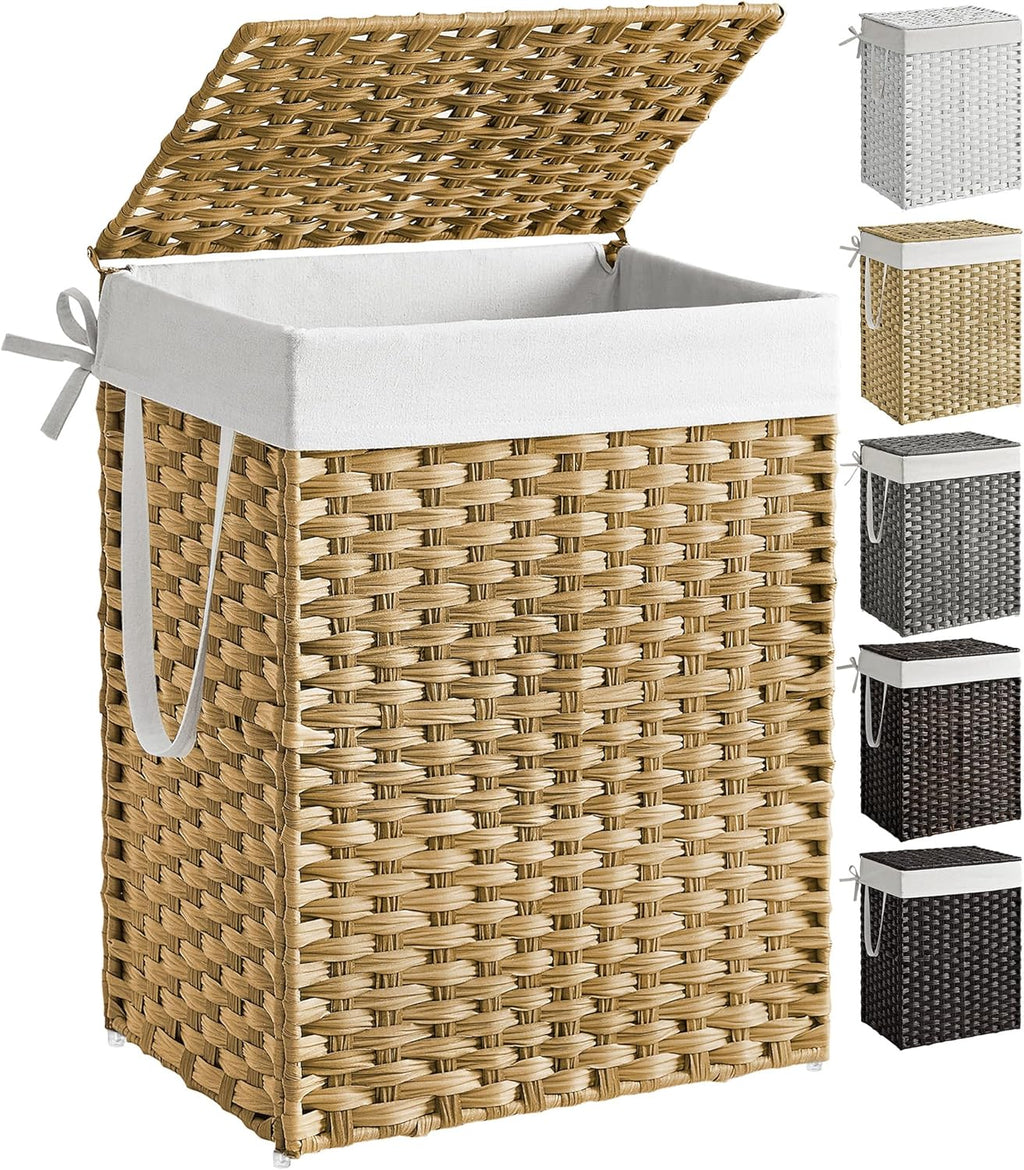 SONGMICS Canasta de lavandería con tapa, cesto de ropa de 23.8 galones (90 L) de ratán sintético con tapa y asas, plegable, forro extraíble, amarillo ganso ULCB51NL