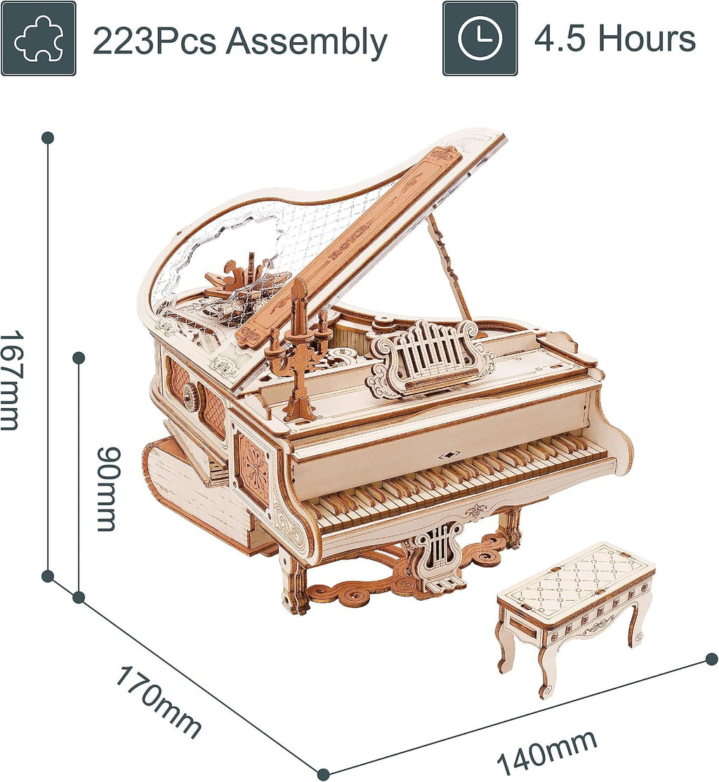 ROKR Rompecabezas de madera 3D para adultos, 223 piezas, kit de modelo de piano a escala 1:20, rompecabezas de construcción, caja de música de madera, regalo único para hombres, mujeres, pasatiempos