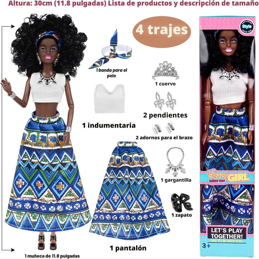 dollbie Juego de 6 muñecas de moda afroamericana con trajes para mezclar y combinar, muñecas negras posables de 11.5 pulgadas y 5 accesorios cada uno (corona, collar, pañuelo y más) + estuche de