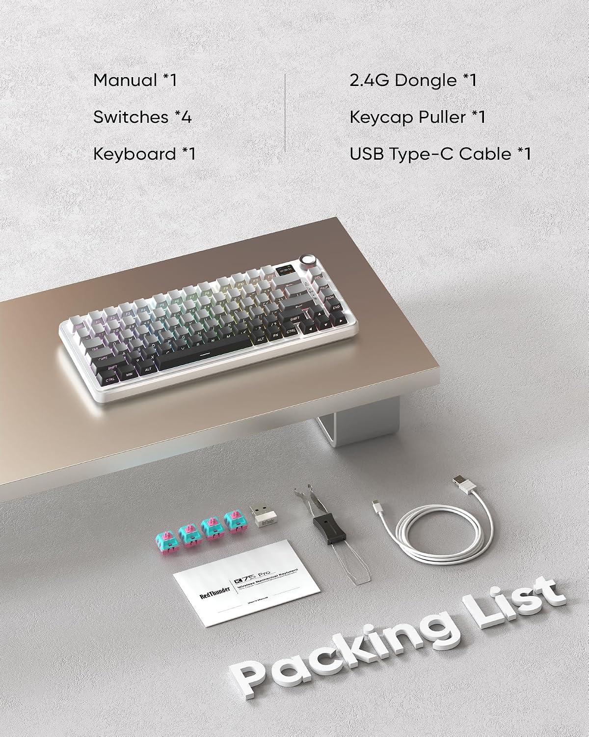 RedThunder Teclado mecánico inalámbrico K75 Pro para juegos, pantal...