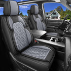Funda de asiento de automóvil ajuste personalizado para Dodge Ram 1500 2500 3500 2002-2026, juego de fundas de asiento de piel sintética compatible con cojines de cabina regular Crew Quad (negro y gris, asiento delantero)