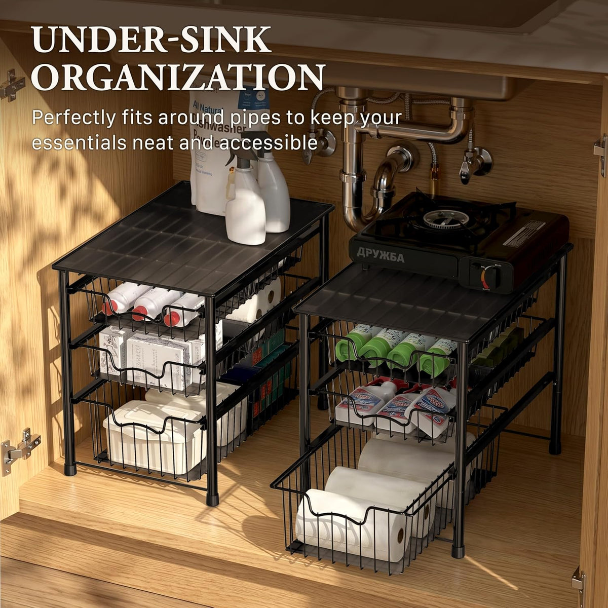 Simple Houseware Cajón organizador apilable de 3 niveles, color negro