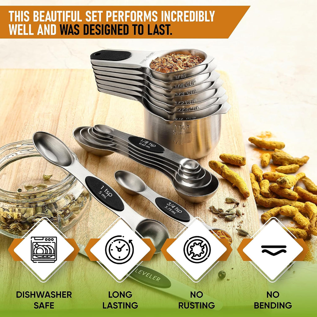 Spring Chef Juego de 15 tazas y cucharas medidoras magnéticas con niveladores, negro