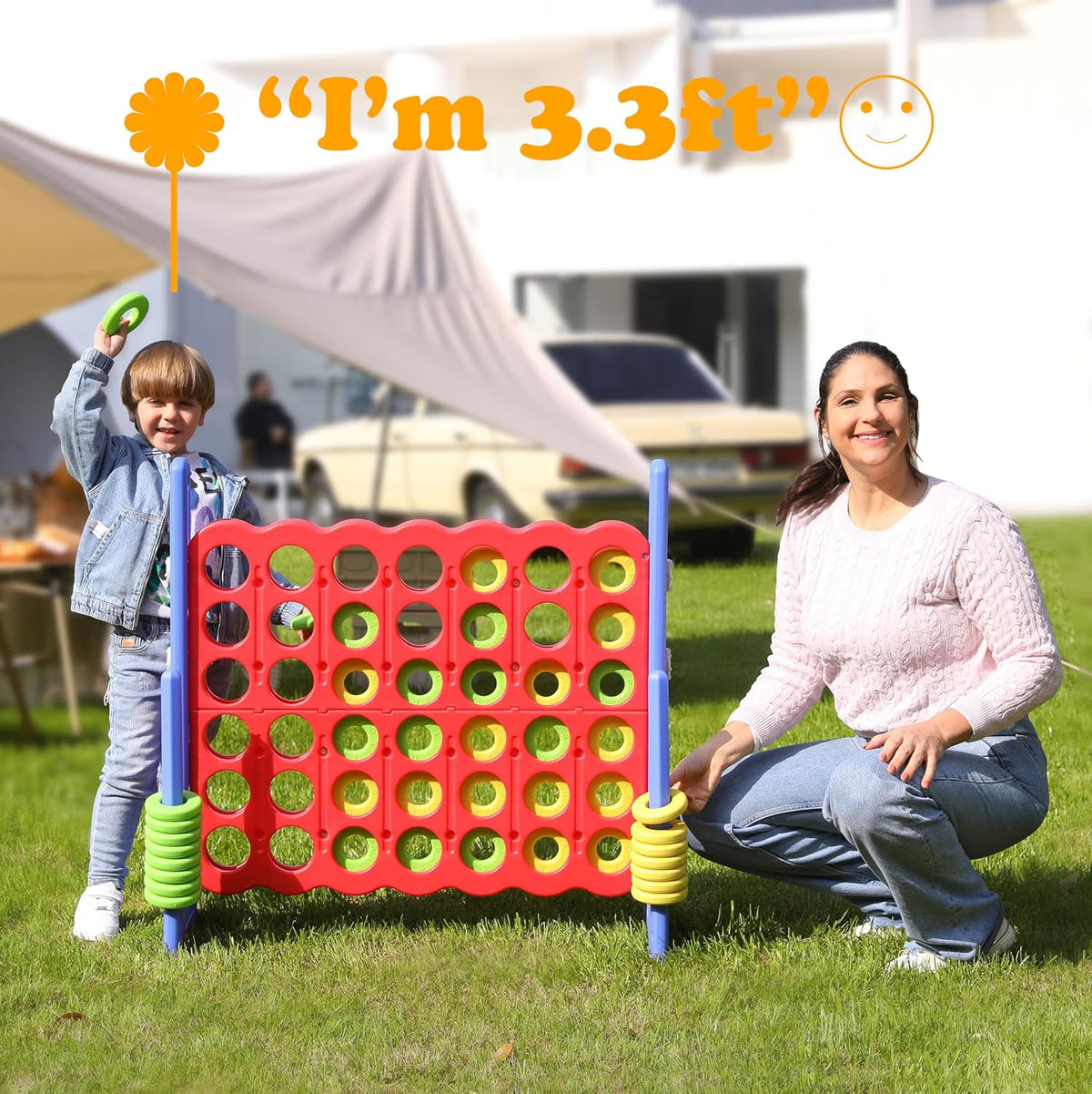 SDADI - Juego Jumbo de 4 en fila, juego gigante de 4 a puntuación con altura ajustable (0.76-1.07 m) para niños y adultos, juego de conexión para interiores y exteriores con deslizador de liberación