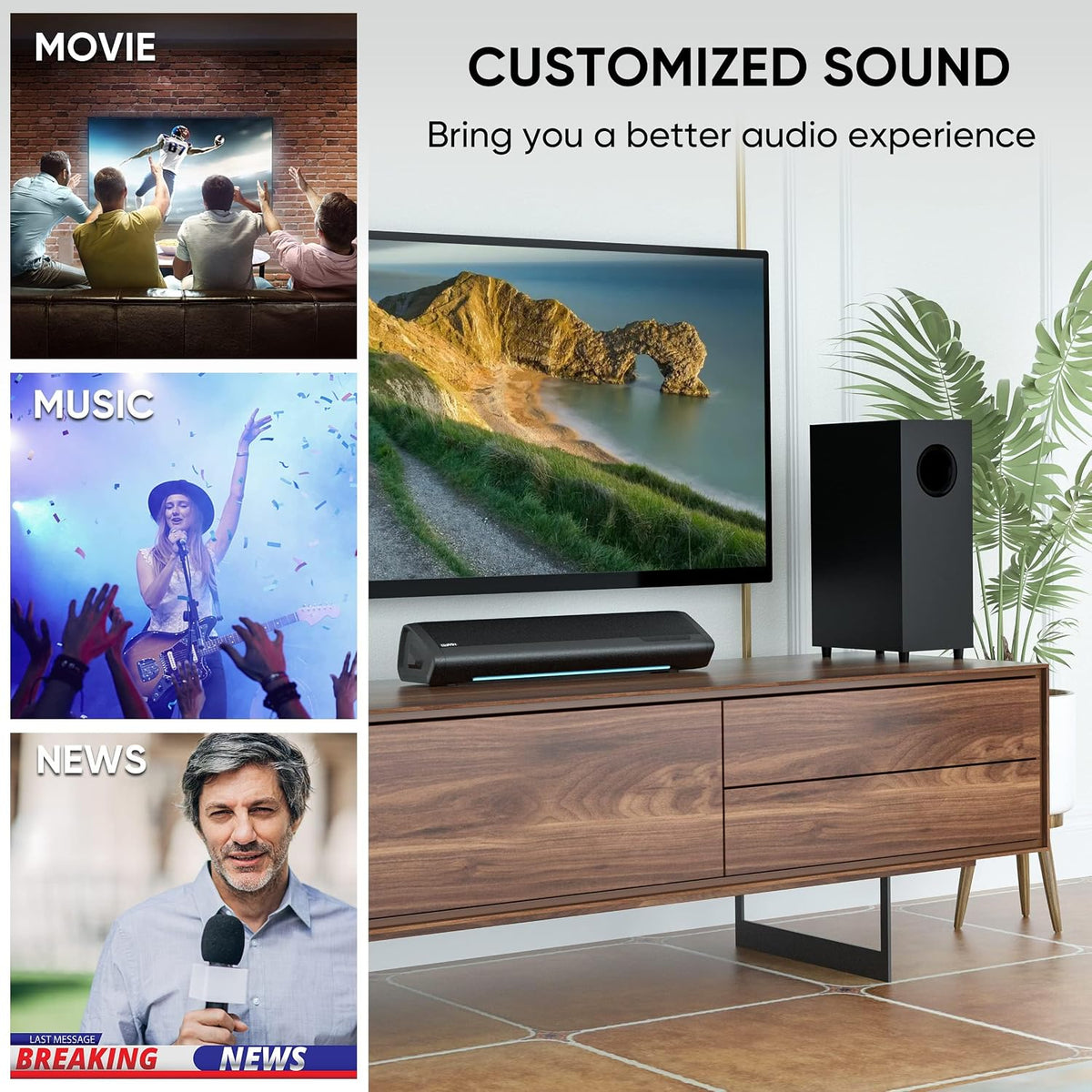 Barra de sonido Saiyin con subwoofer, sistema envolvente de cine en casa para TV PC