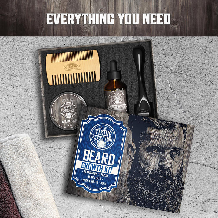 Kit de crecimiento de barba - aceite, bálsamo, suero, rodillo Derma...