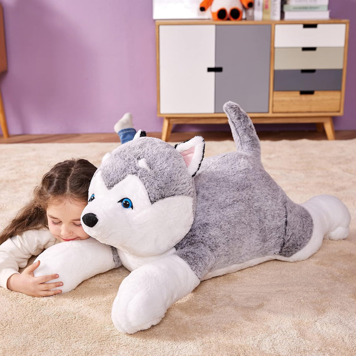 IKASA Peluche gigante de perro Husky de 30", súper suave, sin cierre de cremallera