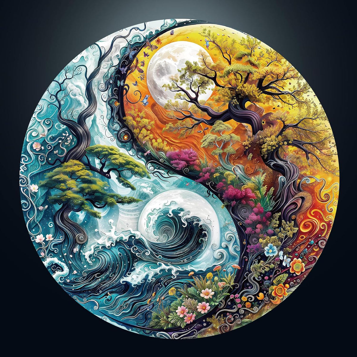 Rompecabezas de 1000 piezas para adultos, rompecabezas de paisaje Yin Yang para adultos, 26.6 x 26.6 pulgadas, 1000 piezas, rompecabezas plano, fiesta de cumpleaños de Navidad, decoración del hogar