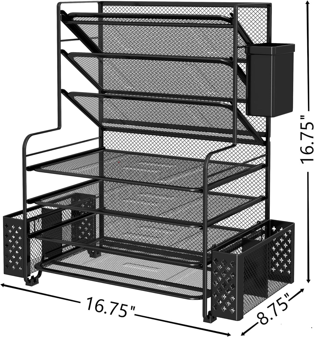Simple Trending - Organizador de archivos de escritorio de 7 niveles, organizador de bandejas de papel tamaño carta con soporte para bolígrafos y canasta colgante de metal, negro