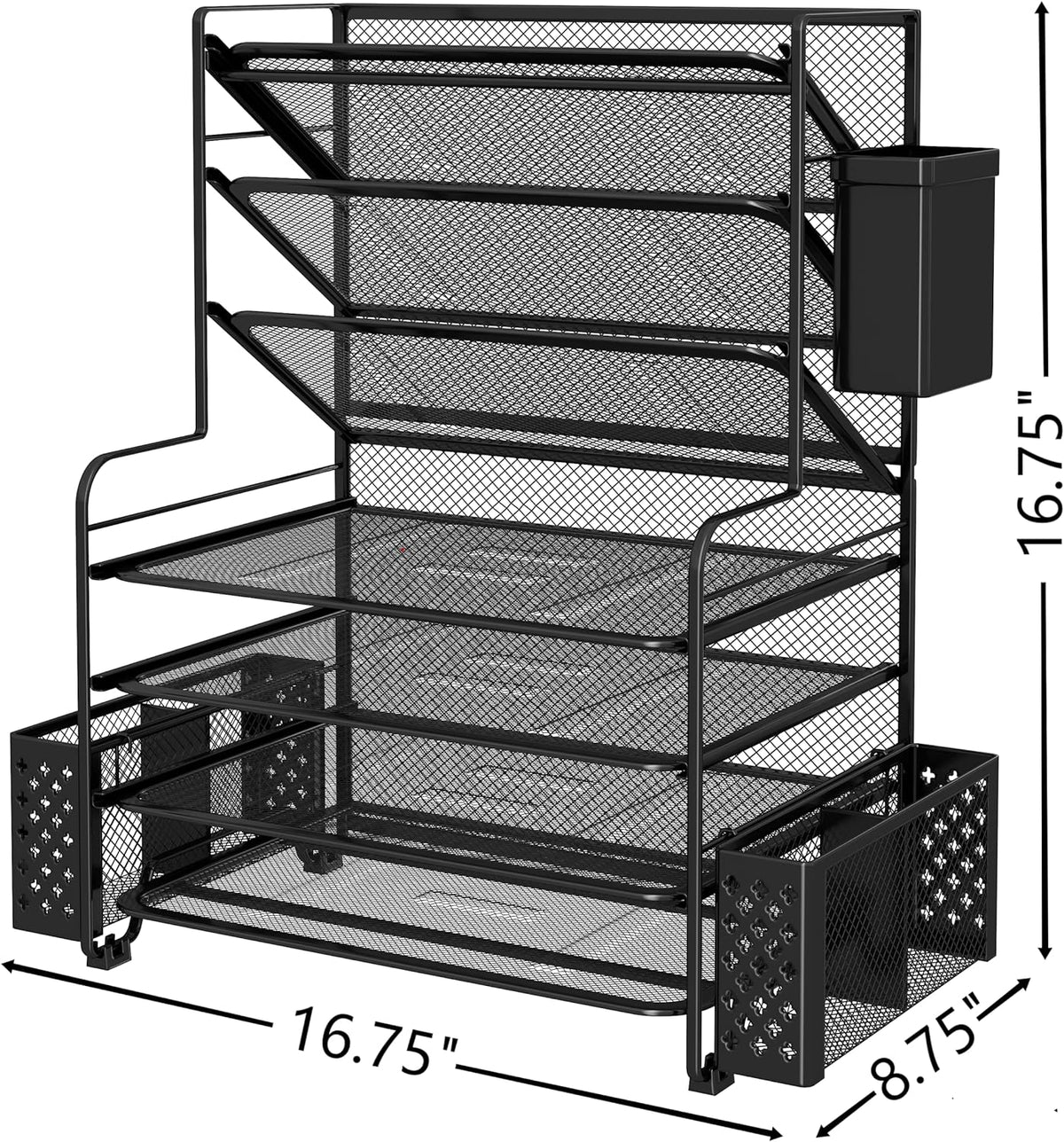 Simple Trending - Organizador de archivos de escritorio de 7 niveles, organizador de bandejas de papel tamaño carta con soporte para bolígrafos y canasta colgante de metal, negro