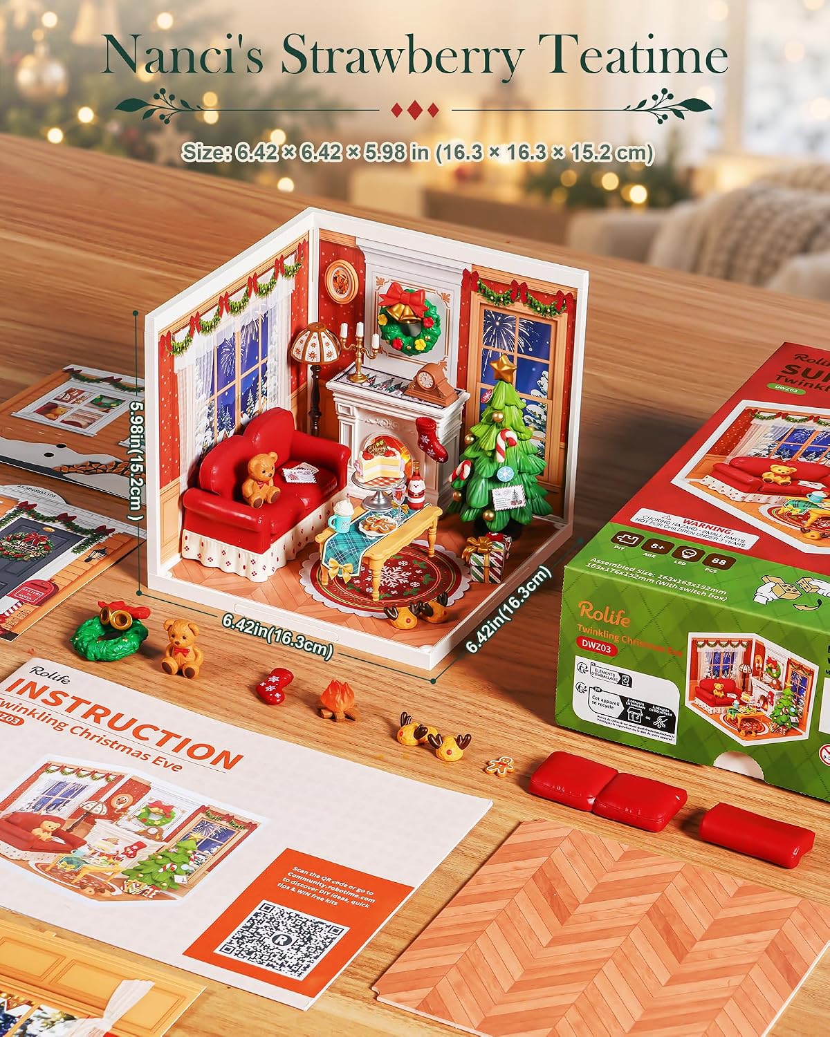 Rolife Super Creador de Navidad, casa en miniatura de plástico, juego de construcción con chimenea y árbol de Navidad, manualidades, pasatiempos, bloques de construcción