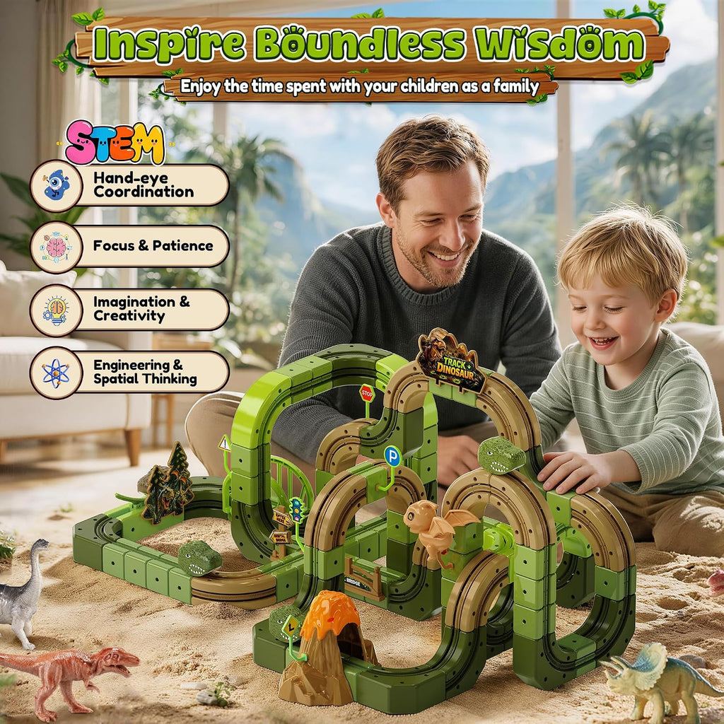 Juego de tren eléctrico de dinosaurio para niños, 90 piezas de