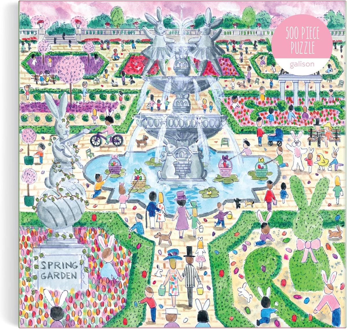 Galison Spring Egg Hunt - Rompecabezas de 500 piezas de Michael Storrings con hermosas obras de arte de una búsqueda de huevos de jardín de Pascua y primavera