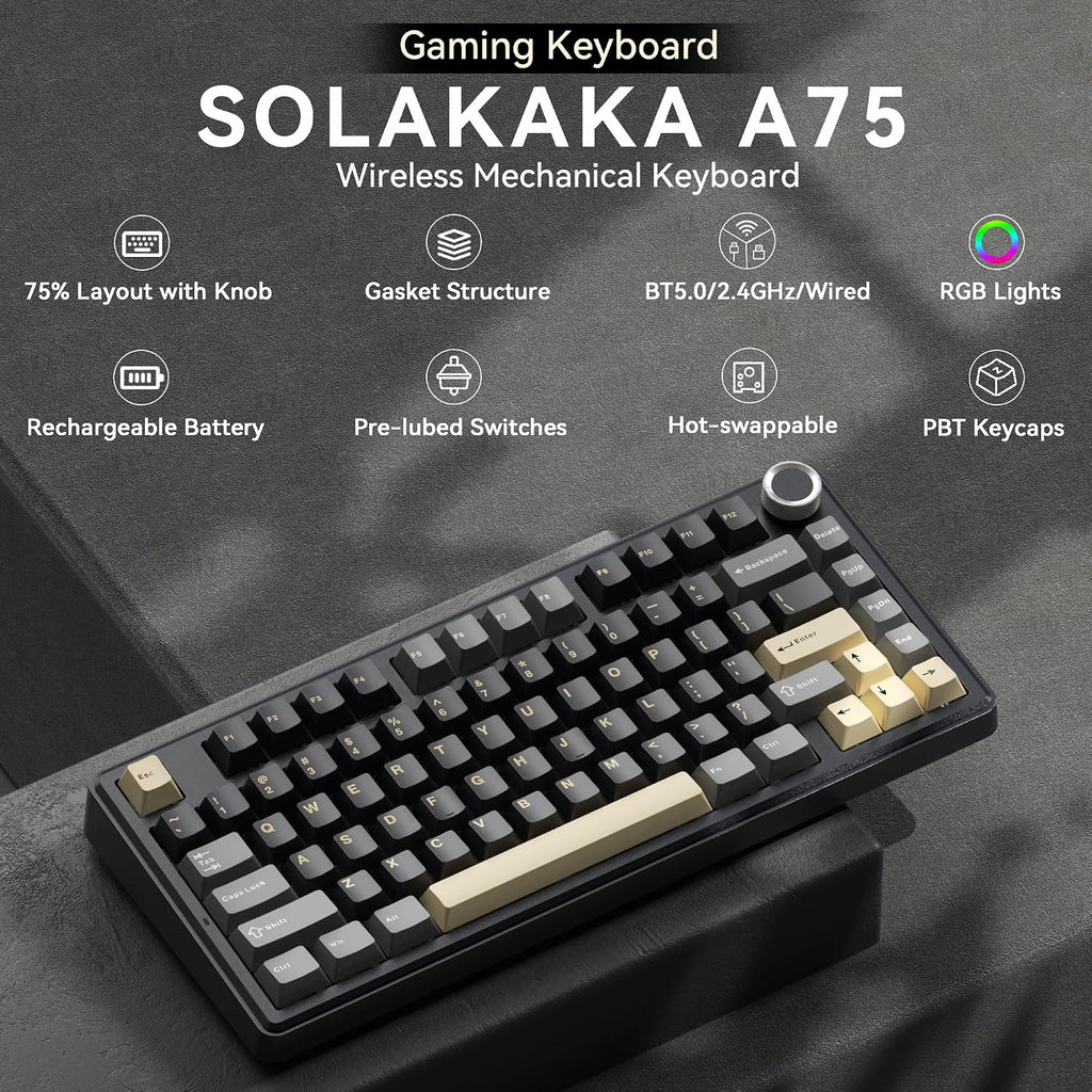 SOLAKAKA Teclado inalámbrico para juegos A75 75% con perilla multifunción, Negro, amarillo y gris