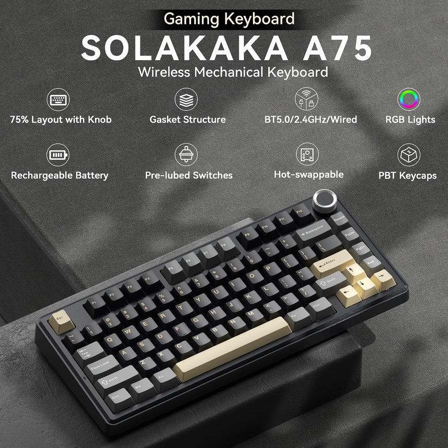 SOLAKAKA A75 Teclado inalámbrico para juegos con perilla multifunci...