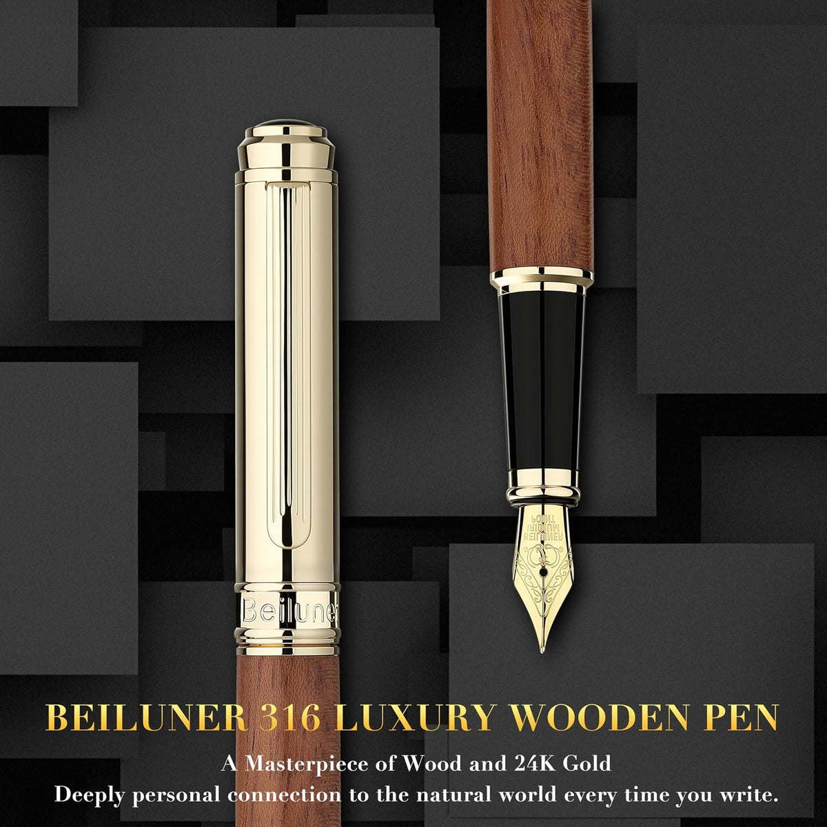 BEILUNER - Pluma estilográfica de madera, impresionante lujo, punta fina dorada de 24 quilates, palisandro