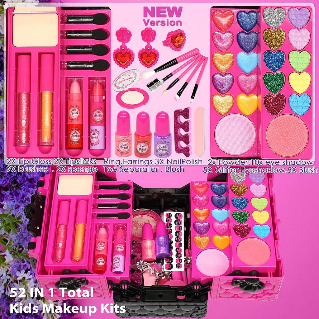 Kit de maquillaje para niñas – 52 piezas de maquillaje seguro y lavable para niños, kit de maquillaje real para niñas, kit de maquillaje para niñas con estuche de cosméticos, juguetes para niñas de 4