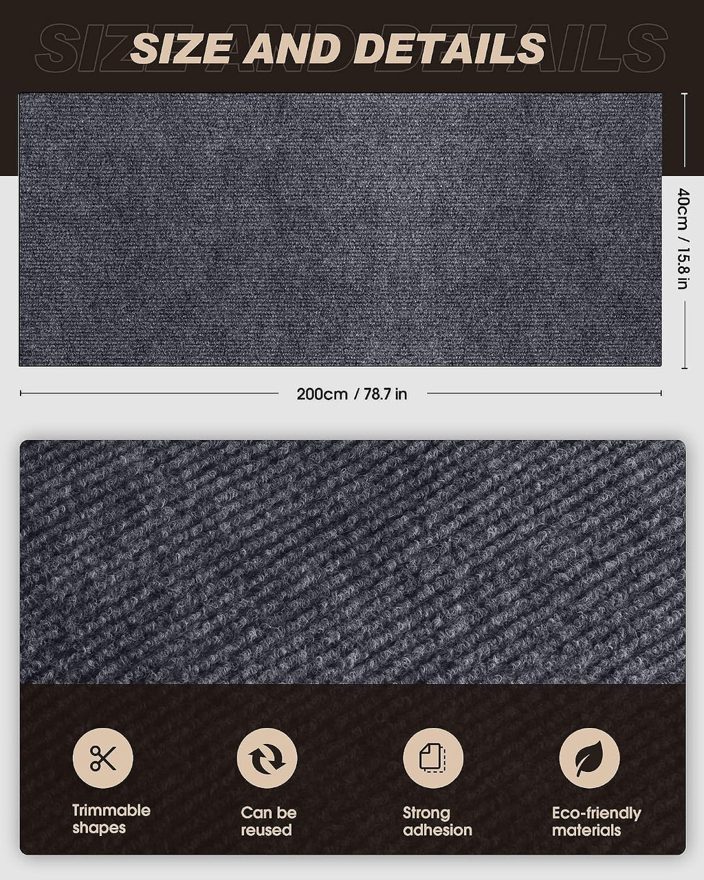 Protector de muebles para arañazos de gatos, alfombra autoadhesiva recortable, tapete rascador de gato para cubrir la torre de gato y protector de sofá de garras de gato (78.7 x 15.8 pulgadas, gris