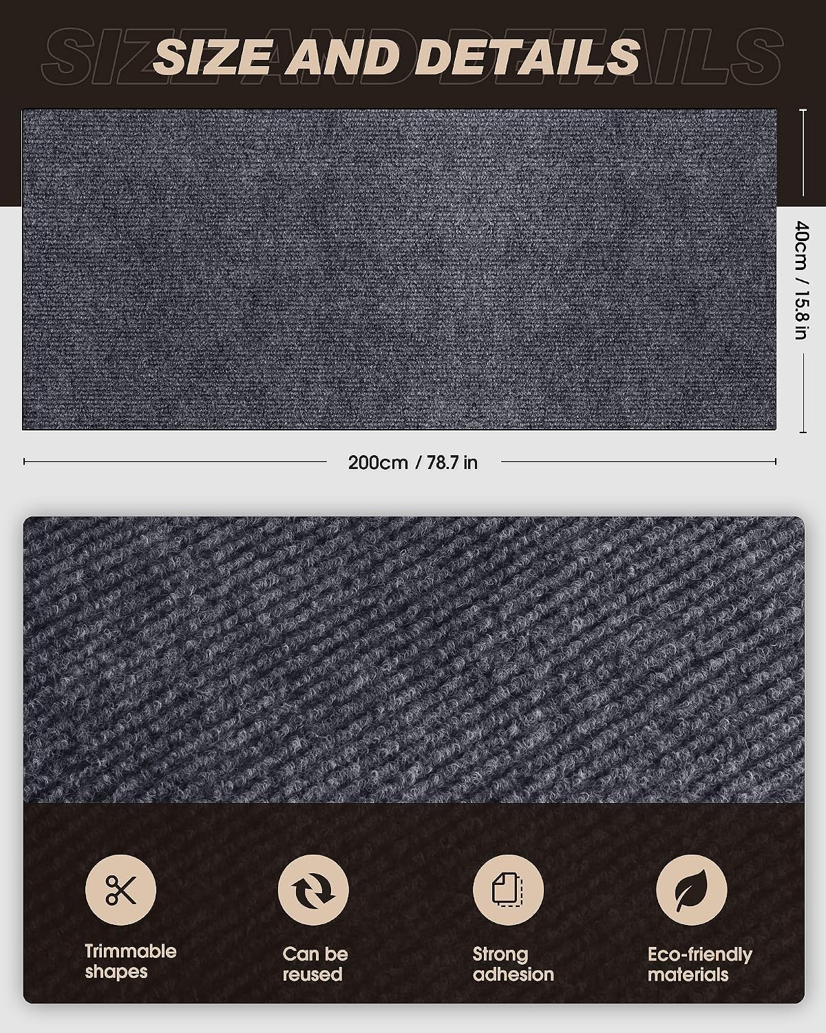 Protector de muebles para arañazos de gatos, alfombra autoadhesiva recortable, tapete rascador de gato para cubrir la torre de gato y protector de sofá de garras de gato (78.7 x 15.8 pulgadas, gris
