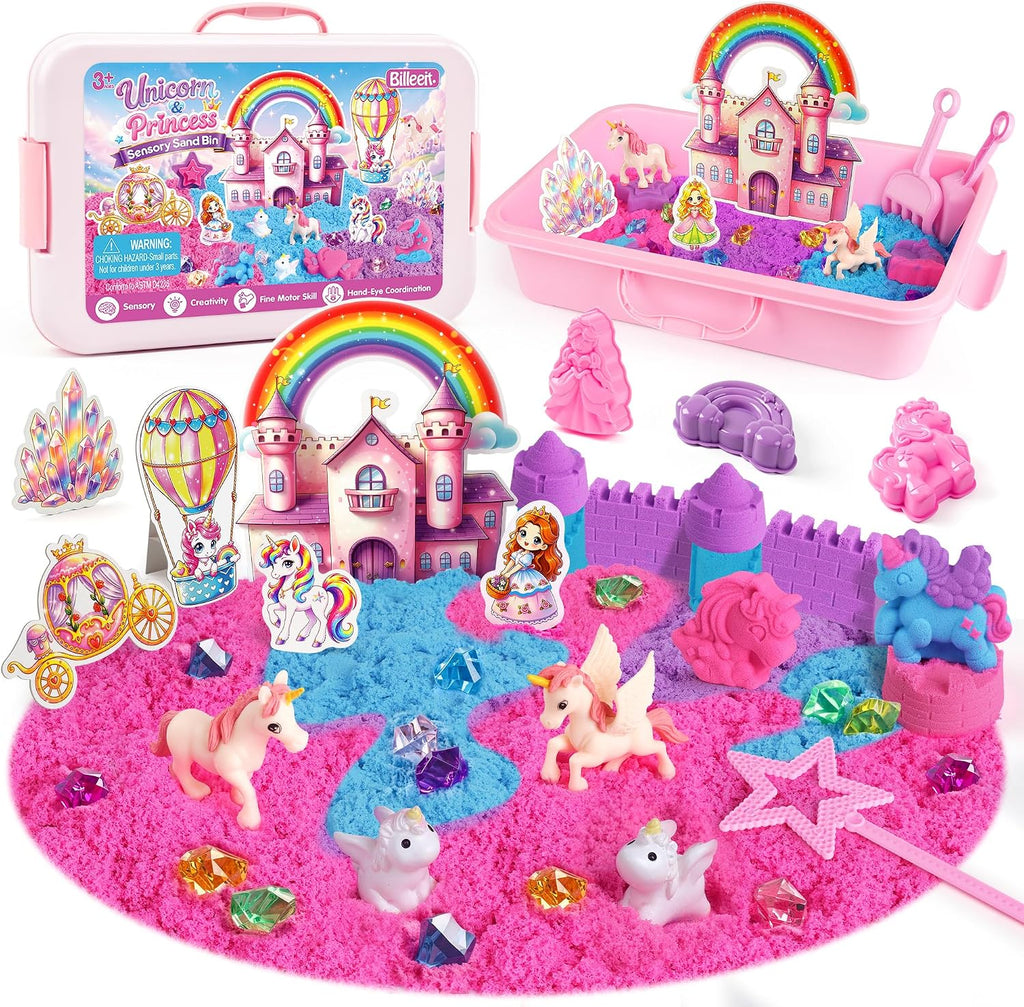 Cubo sensorial de unicornio, kit de arena sensorial de princesa de 28
