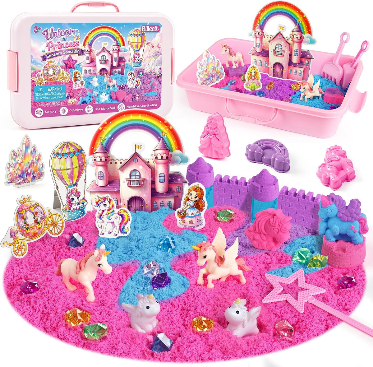 Cubo sensorial de unicornio, kit de arena sensorial de princesa de 28