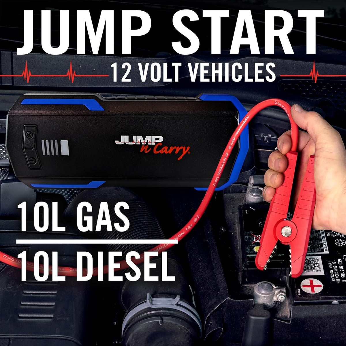 Clore Automotive JNC345 Jump-N-Carry 3000A Arrancador de litio de 12 voltios para motores de gasolina de hasta 10.0 litros y diésel de 10.0 litros