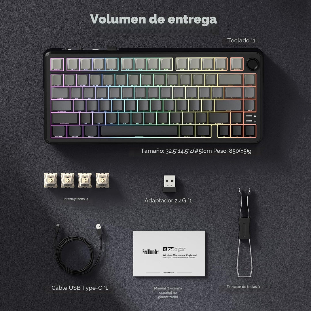 RedThunder K75 Teclado mecánico inalámbrico para juegos, 75% teclad...