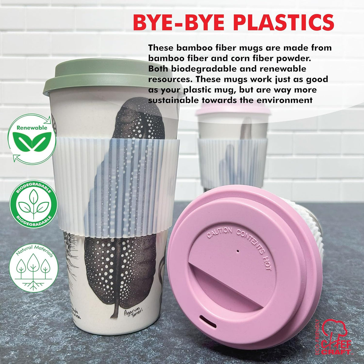 Chef Craft Taza de viaje de fibra de bambú ecológico, juego de 4 piezas, 22 onzas, natural