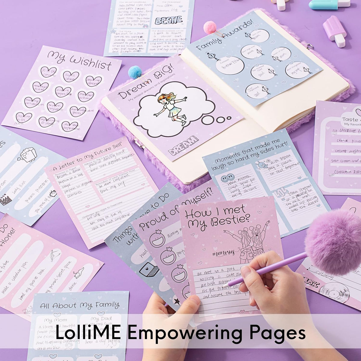 LolliME - Kit de diario de bricolaje morado para adolescentes y niñas de 8 a 14 años, regalo de cumpleaños, juego de diario con cerradura de 300 piezas, artes y manualidades, álbum de recortes y diario creativo