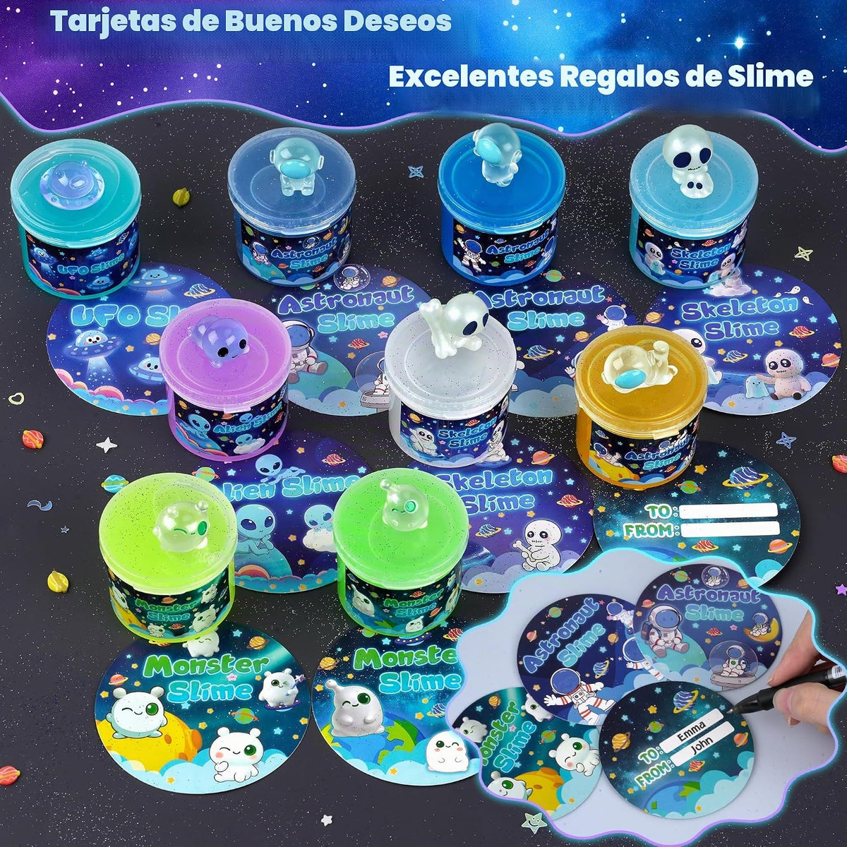 Paquete de 9 unidades de slime Galaxy que brilla en la oscuridad, slime espacial con dijes de astronauta, alienígenas y ovni, juego de limos de bricolaje, juguetes sensoriales, regalos de fiesta para niños