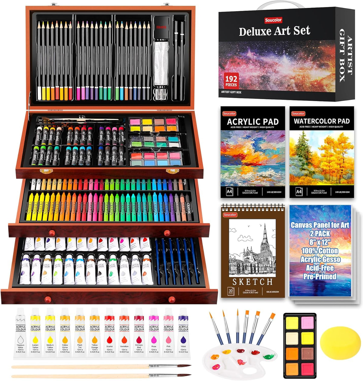 Soucolor Suministros de arte, paquete de 192 piezas de arte de lujo, kit de
