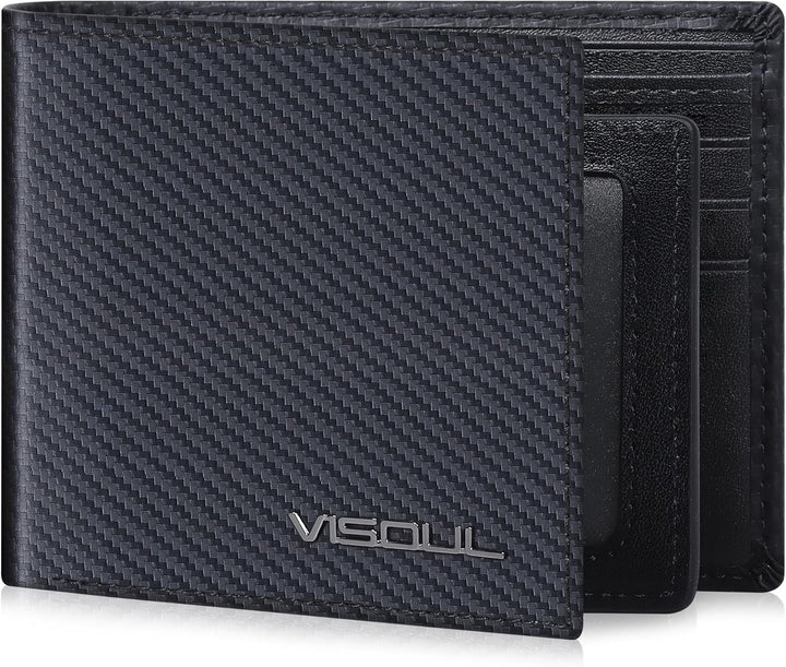 Cartera plegable de cuero VISOUL para hombre con bloqueo RFID y 2 v...