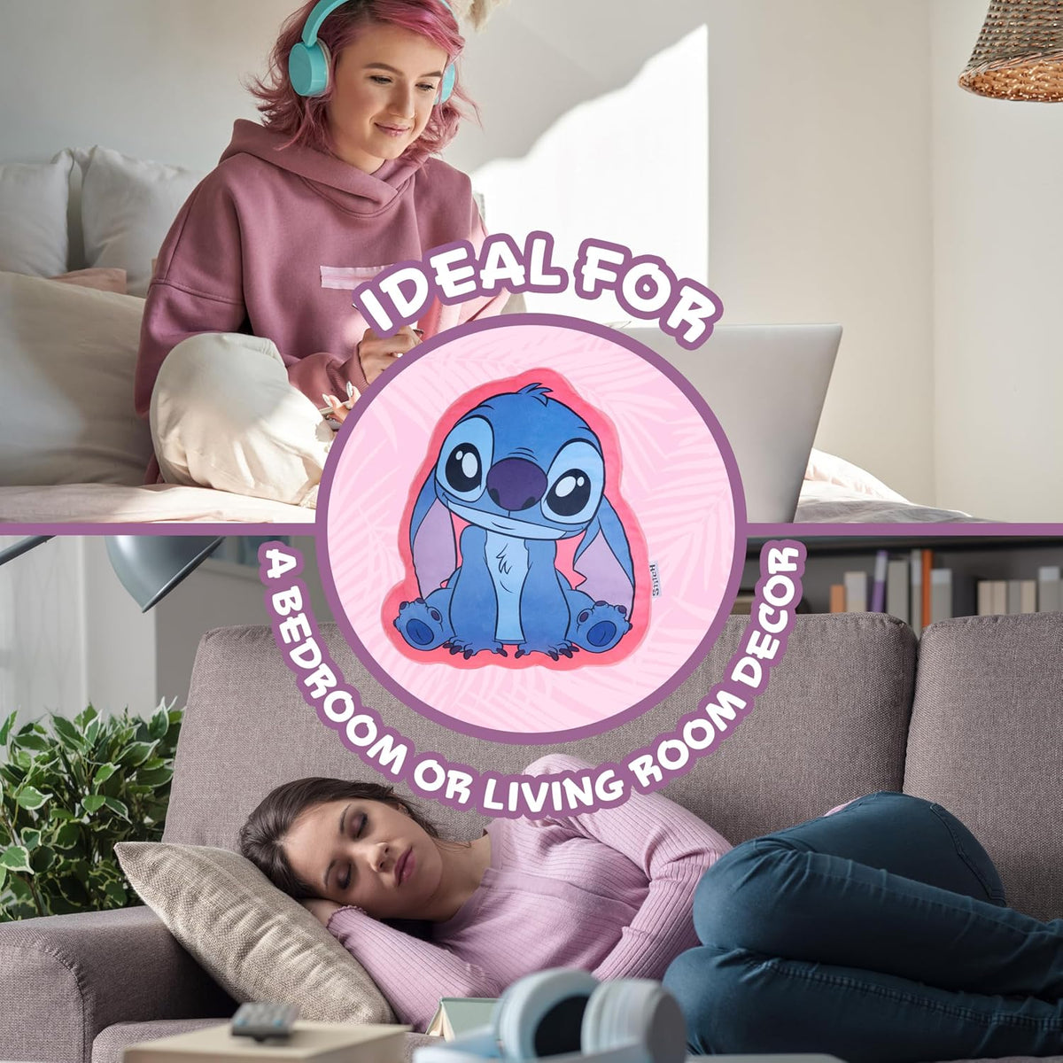 Cojines 3D de Peluche Disney Stitch para Cama y Viaje, Almohada Acurrucable de Personaje, Accesorios de Dormitorio, Decoración de Habitación, Regalos para Niños (Stitch Azul/Rosado)